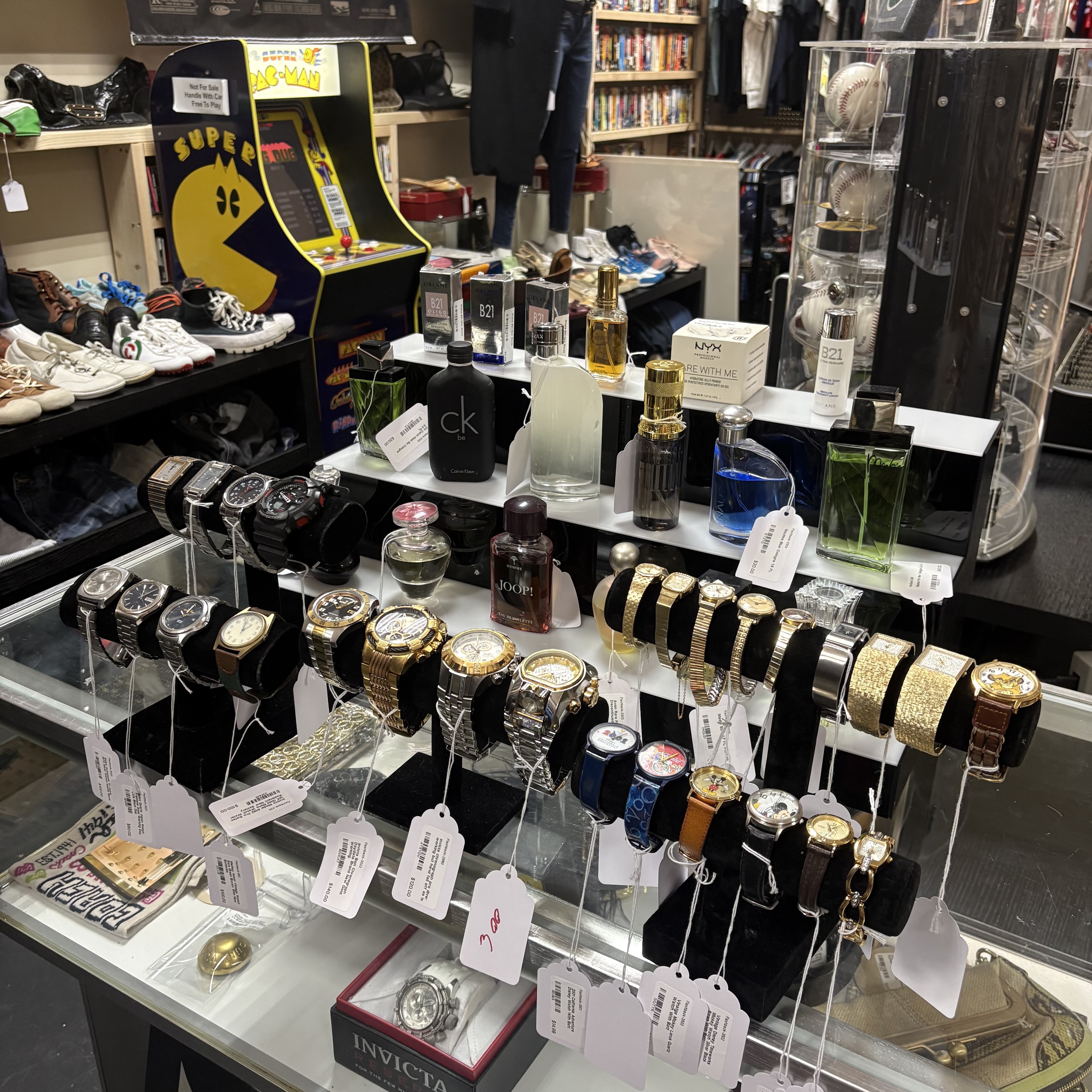 Vintage watches and fragrance display in the shop